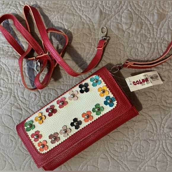 Source Unknown Handbags - New Red Floral Accent Crossbody Wallet Wristlet Bag w Detachable Shoulder Strap